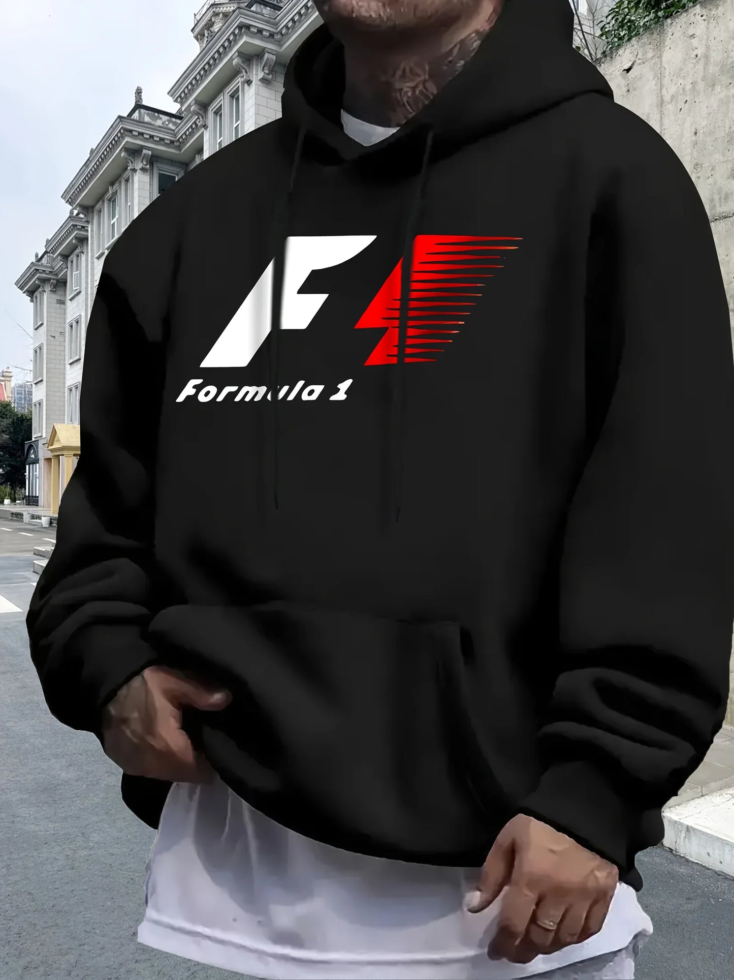 Men's Casual Hooded Sweatshirt with Formula 1 Graphic Print, Relaxed Fit Pullover, All-Season Sportswear, Fashion Sportswear