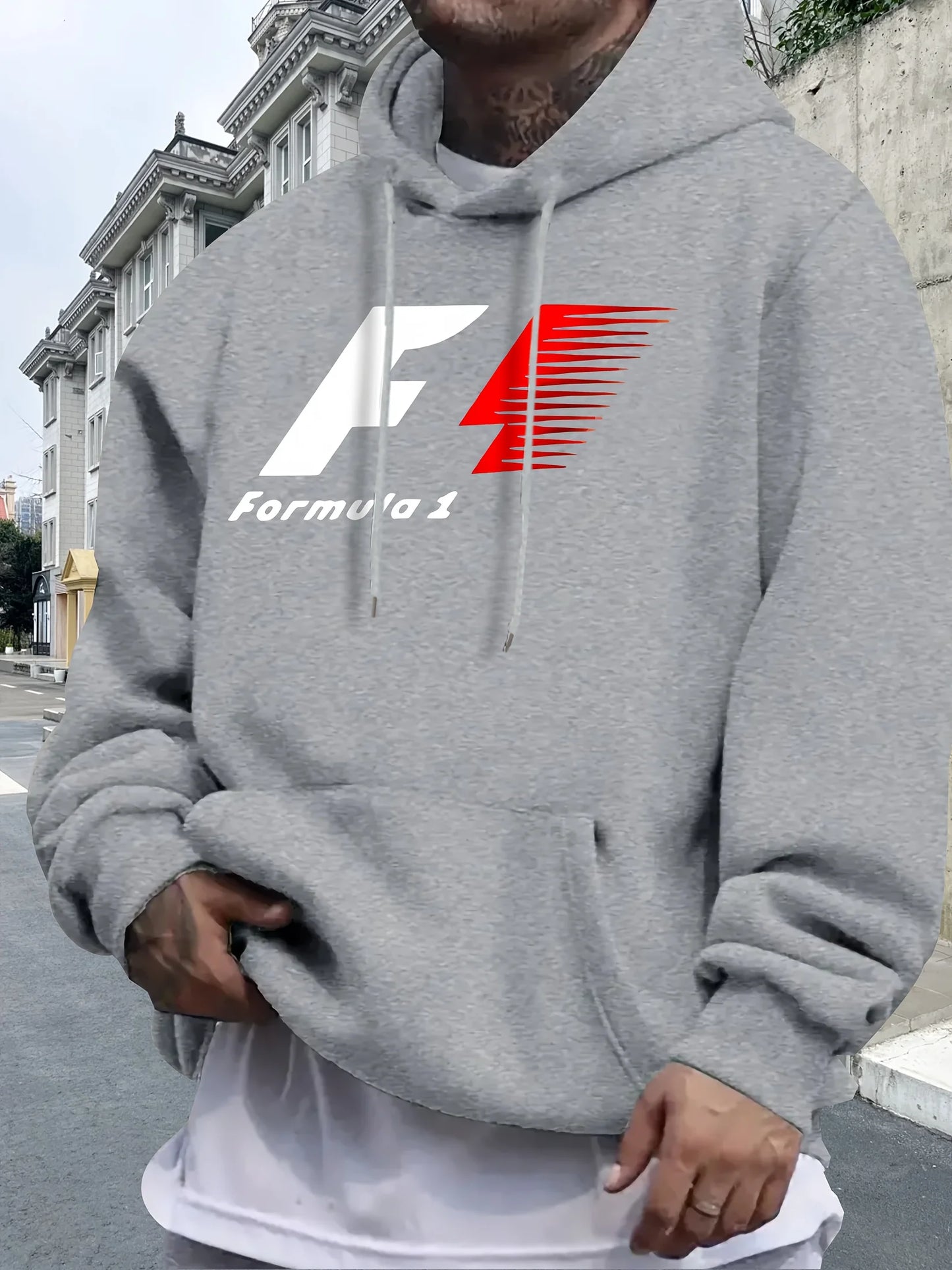 Men's Casual Hooded Sweatshirt with Formula 1 Graphic Print, Relaxed Fit Pullover, All-Season Sportswear, Fashion Sportswear