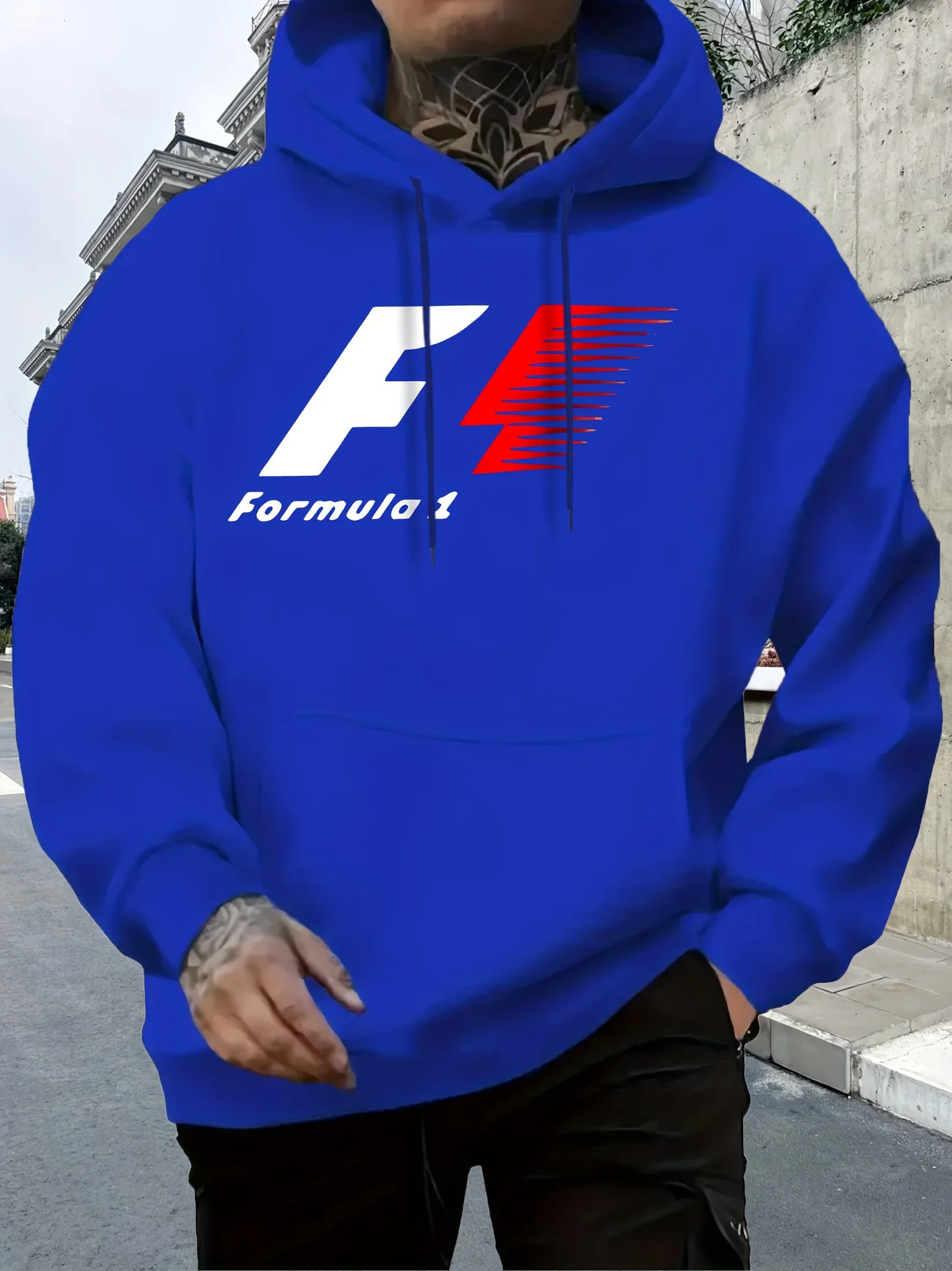 Men's Casual Hooded Sweatshirt with Formula 1 Graphic Print, Relaxed Fit Pullover, All-Season Sportswear, Fashion Sportswear