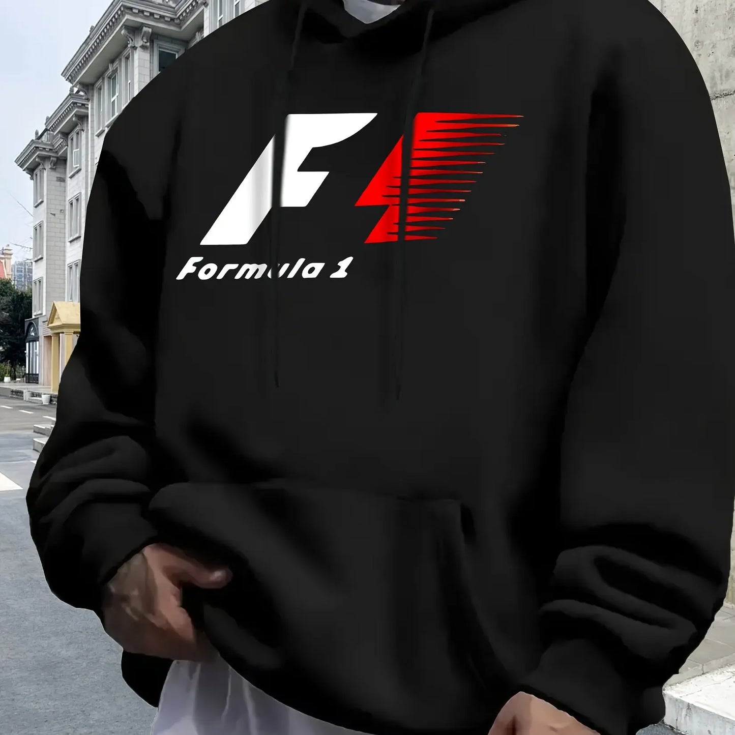 Men's Casual Hooded Sweatshirt with Formula 1 Graphic Print, Relaxed Fit Pullover, All-Season Sportswear, Fashion Sportswear