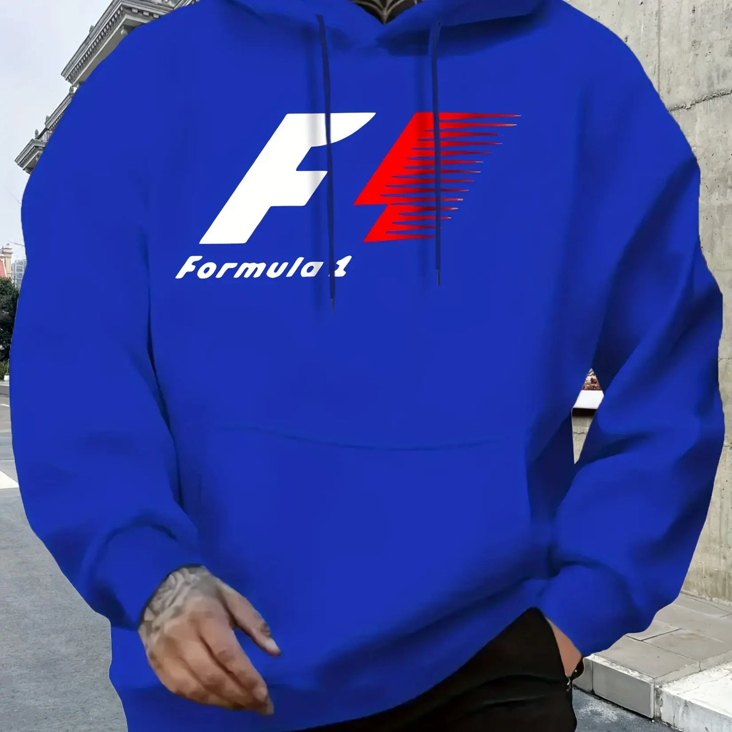 Men's Casual Hooded Sweatshirt with Formula 1 Graphic Print, Relaxed Fit Pullover, All-Season Sportswear, Fashion Sportswear