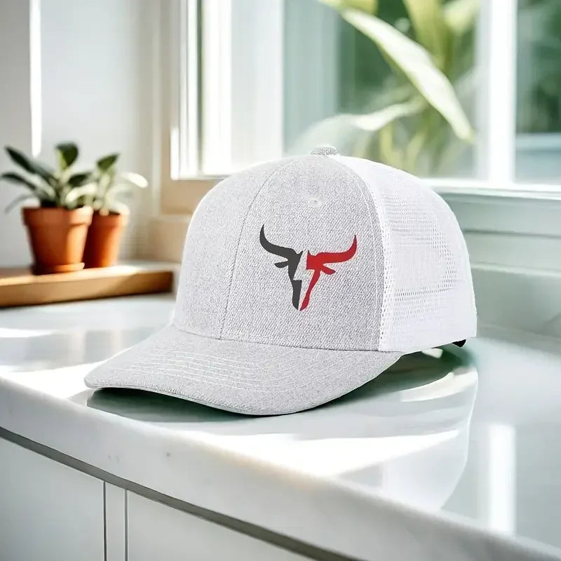 Gorra de béisbol con estampado de cabeza de toro: respaldo de malla ajustable, poliéster ligero para deportes y pesca al aire libre