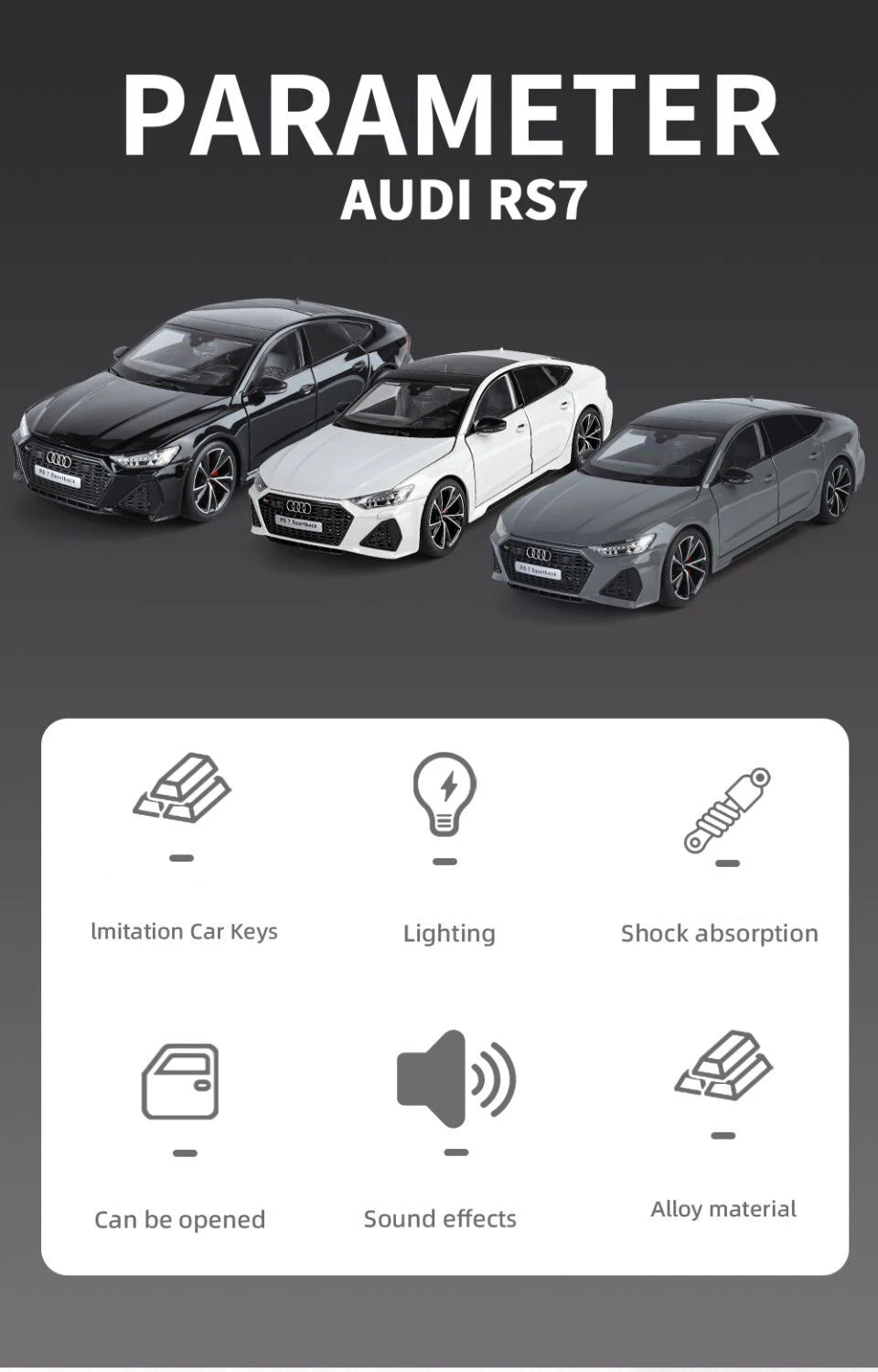 1:18 Key Remote Control Version AUDI RS7 Alloy Sports Car Model Diecast Metal Racing Car Vehicle Model Sound Light Kids Toy Gift