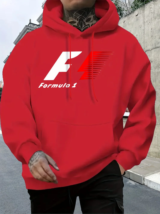 Men's Casual Hooded Sweatshirt with Formula 1 Graphic Print, Relaxed Fit Pullover, All-Season Sportswear, Fashion Sportswear