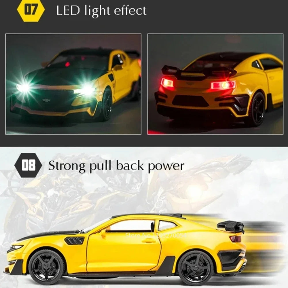 Escala 1/32 Camaro juguetes modelo de coche aleación de Metal fundido a presión con 4 puertas abierta sonido luz extraíble vehículo para niño colección de regalos