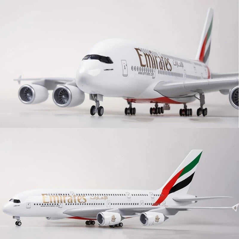 Avión de juguete de resina, modelo de 47cm, 380, modelo de avión de los Emirates Airways, escala 1/160, luz fundida a presión con tren de aterrizaje