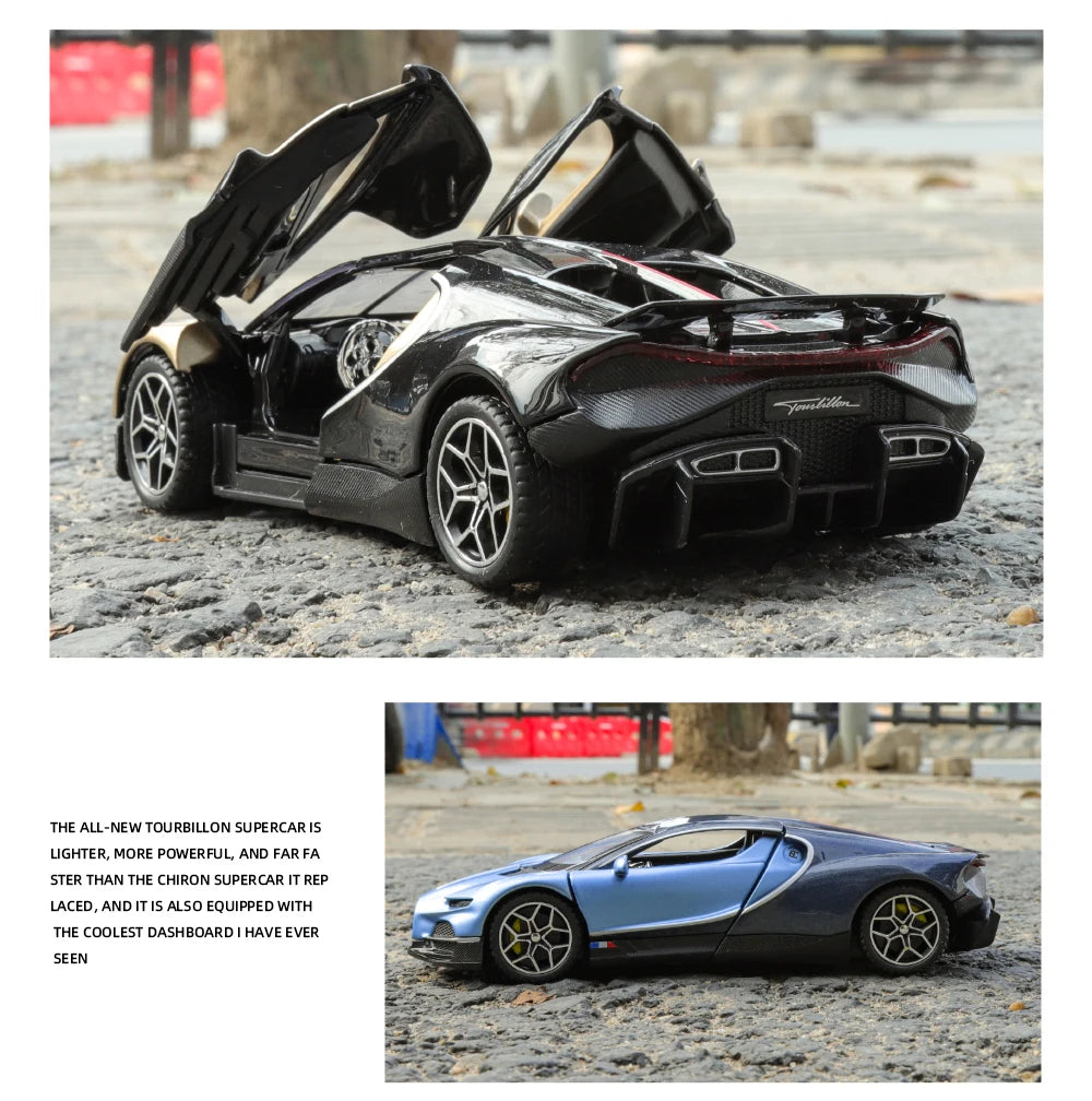 1:32 Bugatti Tourbillon V16 supercoche de aleación de Metal modelo fundido a presión juguetes para niños Mini colección GT pasatiempos regalos de cumpleaños niño