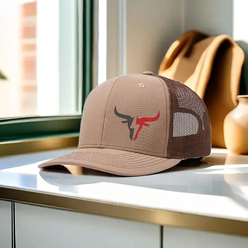 Gorra de béisbol con estampado de cabeza de toro: respaldo de malla ajustable, poliéster ligero para deportes y pesca al aire libre