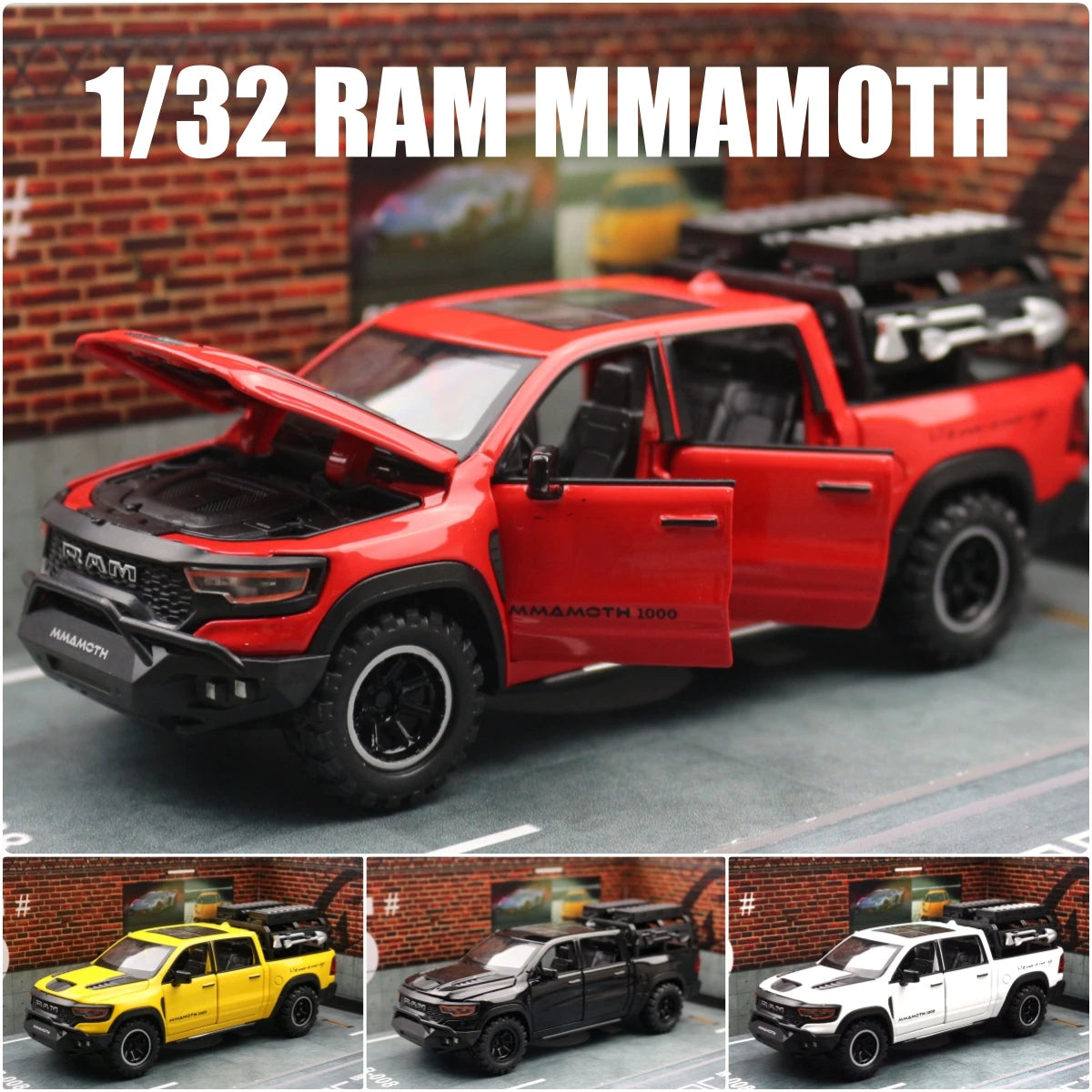 1/32 Dodge RAM MAMMOTH Pickup Toy Car Miniature Diecast Metal Off Road Vehicle Model Pull Back Sound Light Collection Gift Boy
