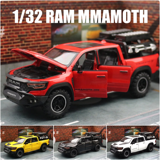 1/32 Dodge RAM MAMMOTH Pickup Toy Car Miniature Diecast Metal Off Road Vehicle Model Pull Back Sound Light Collection Gift Boy