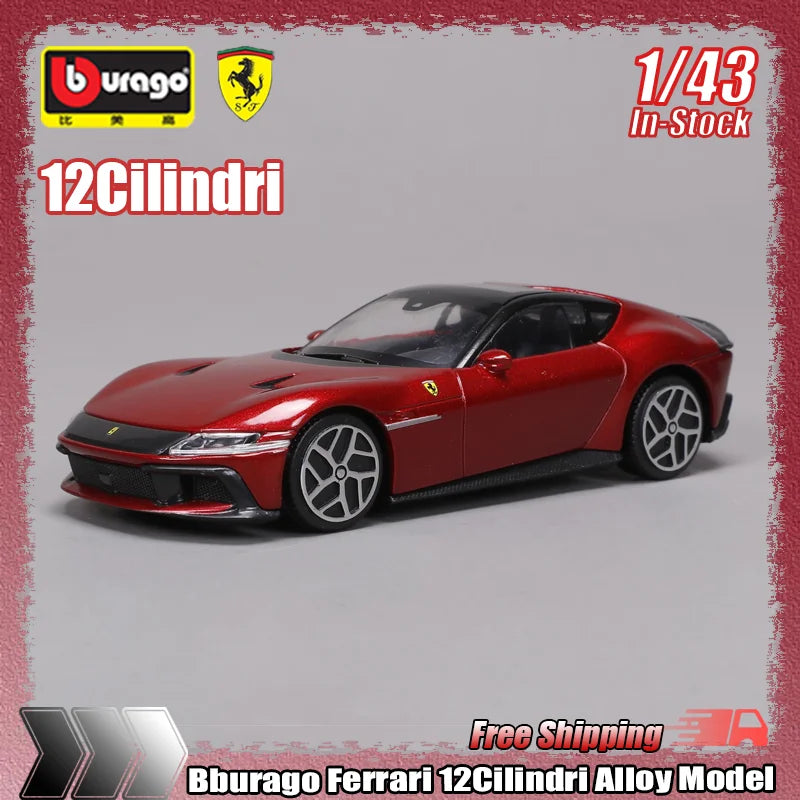 Bburago-modelo de coche fundido a presión, escala 1:43, Ferrari 12cilindri, adorno coleccionable en miniatura, regalo personalizado para juego de simulación