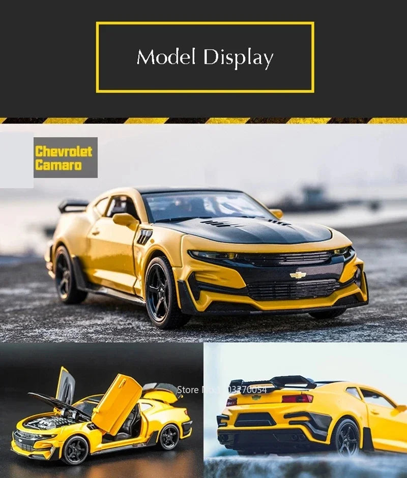 Escala 1/32 Camaro juguetes modelo de coche aleación de Metal fundido a presión con 4 puertas abierta sonido luz extraíble vehículo para niño colección de regalos