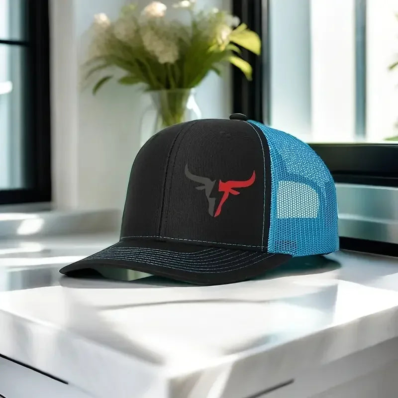 Gorra de béisbol con estampado de cabeza de toro: respaldo de malla ajustable, poliéster ligero para deportes y pesca al aire libre