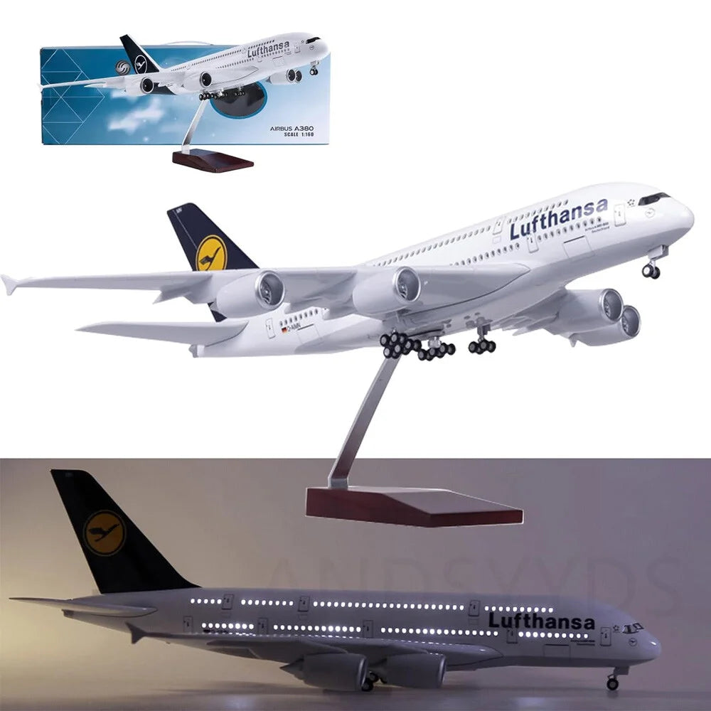 Modelo de avión de 46CM, escala 1/160, 380 A380, Lufthansa, modelo de línea aérea con luz y rueda, avión de resina de plástico fundido a presión, juguete para coleccionar