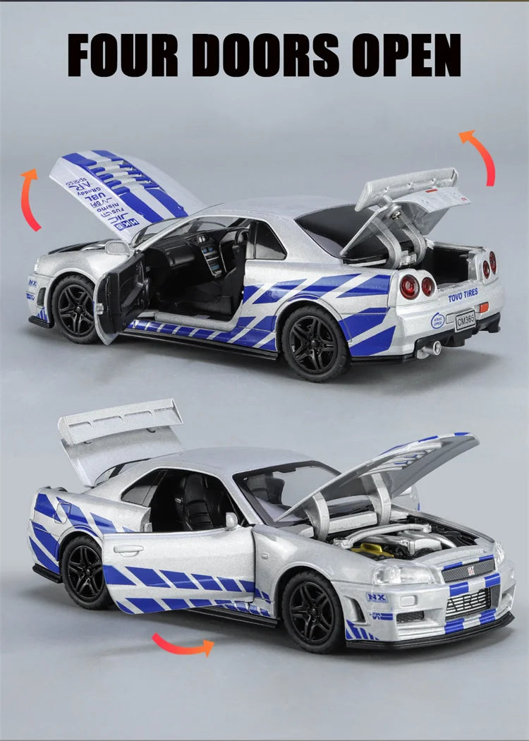 1:32 GTR R34 SKYLINE Fast Alloy Simulation Car Model Diecasts & Toy Vehicles And Furious Cars Decoration Toys For Children Boy