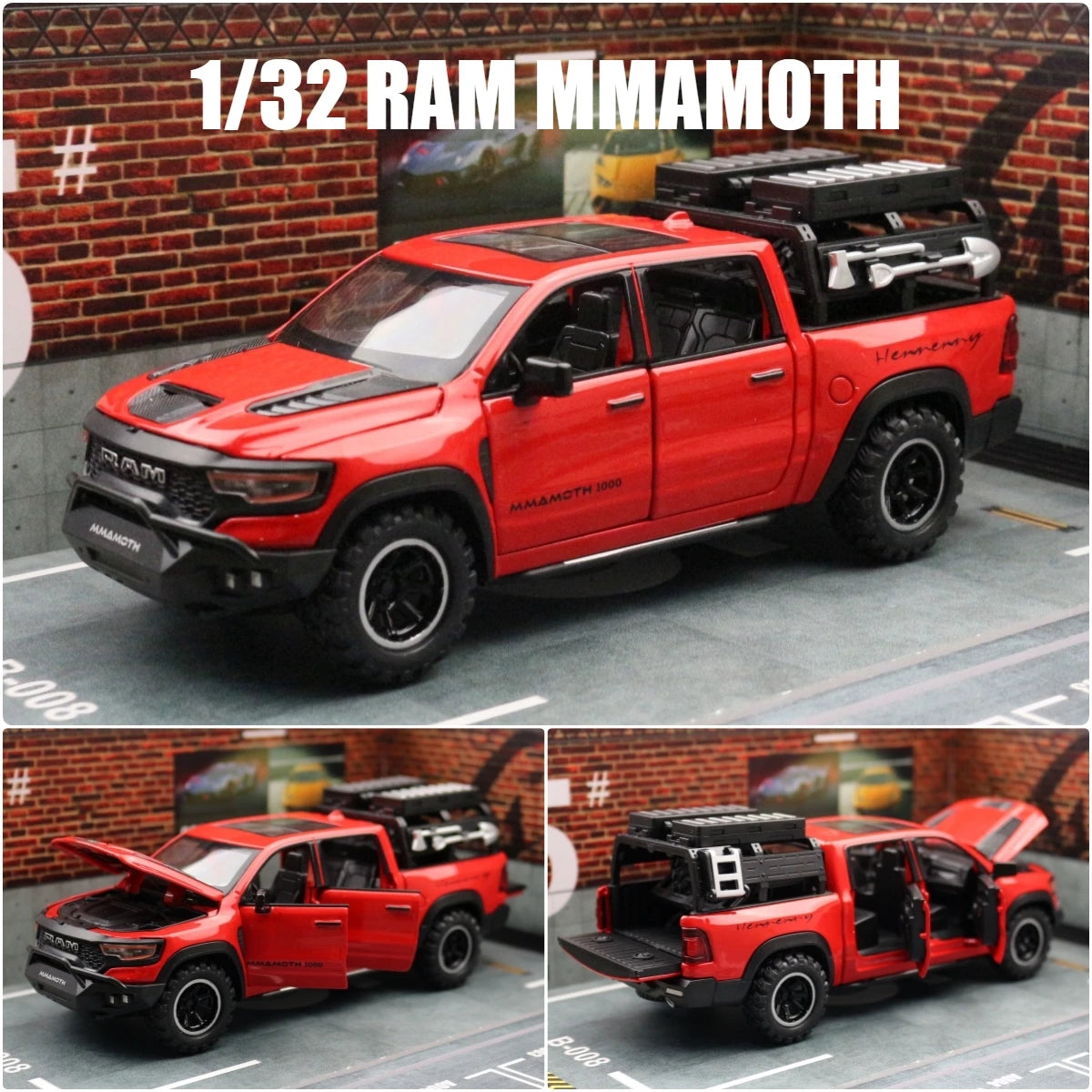 1/32 Dodge RAM MAMMOTH Pickup Toy Car Miniature Diecast Metal Off Road Vehicle Model Pull Back Sound Light Collection Gift Boy