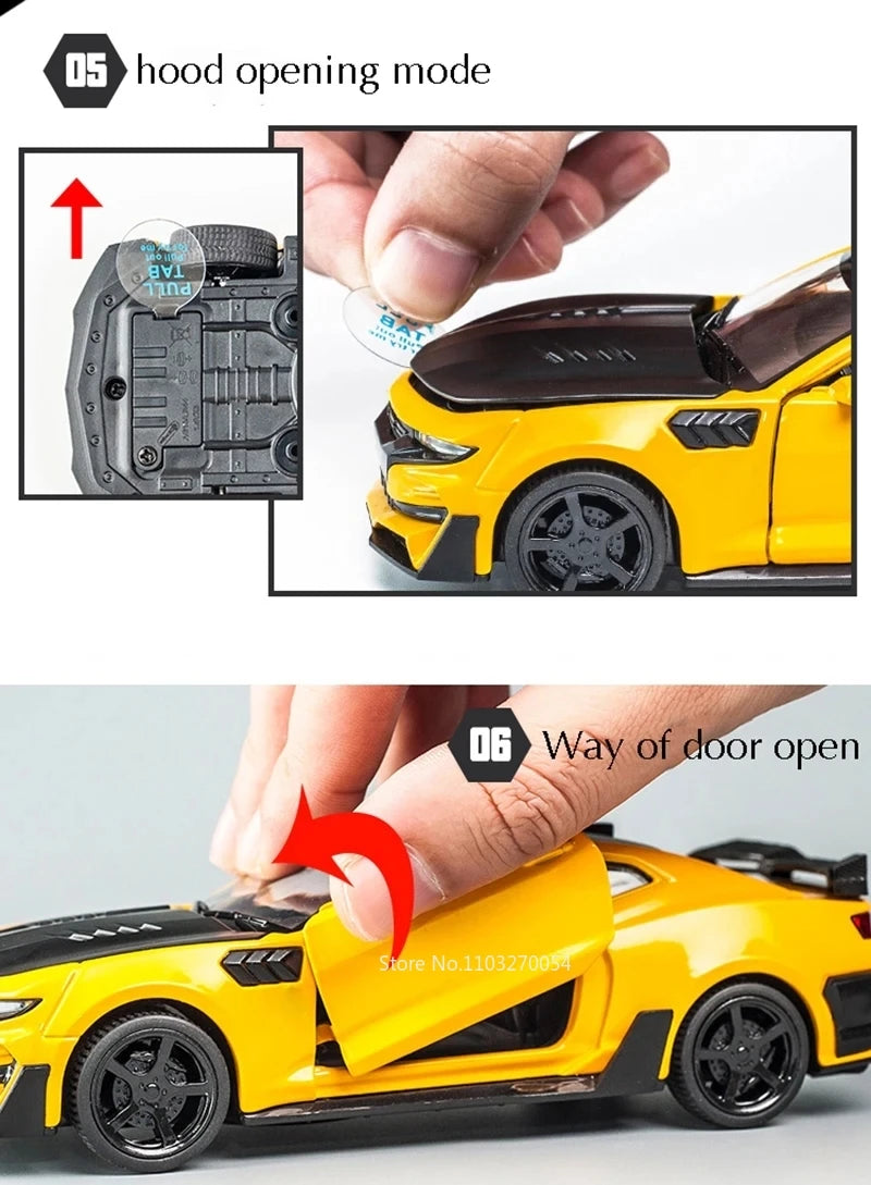 Escala 1/32 Camaro juguetes modelo de coche aleación de Metal fundido a presión con 4 puertas abierta sonido luz extraíble vehículo para niño colección de regalos