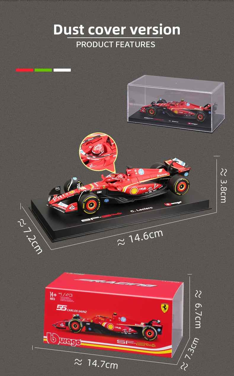 Bburago 1:43 Ferrari SF24 F1 Modelo de coche 2024 Temporada 16 #   Leclerc 55 #   Regalo de juguete de carreras de fórmula fundido a presión de vehículo de lujo de aleación Sainz