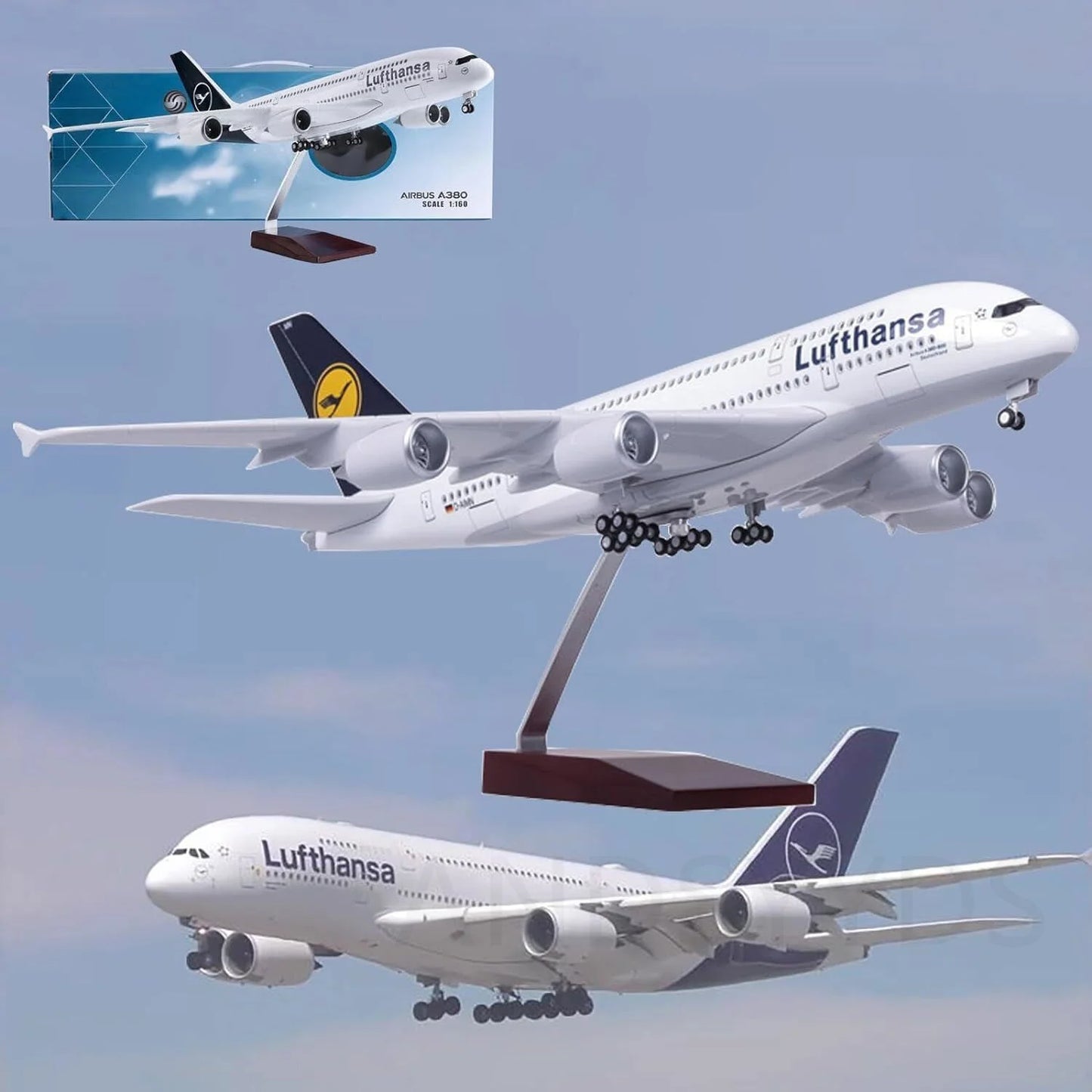 Modelo de avión de 46CM, escala 1/160, 380 A380, Lufthansa, modelo de línea aérea con luz y rueda, avión de resina de plástico fundido a presión, juguete para coleccionar