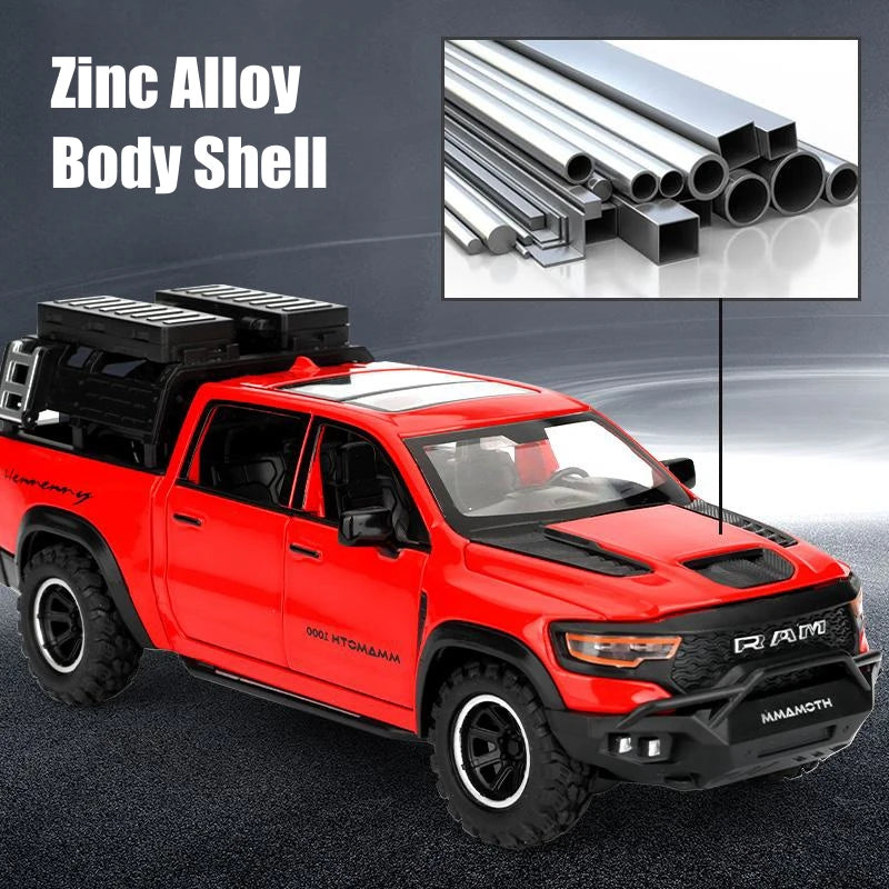 1/32 Dodge RAM MAMMOTH Pickup Toy Car Miniature Diecast Metal Off Road Vehicle Model Pull Back Sound Light Collection Gift Boy