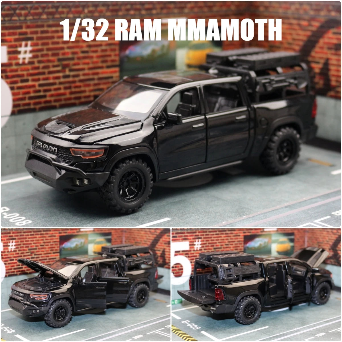 1/32 Dodge RAM MAMMOTH Pickup Toy Car Miniature Diecast Metal Off Road Vehicle Model Pull Back Sound Light Collection Gift Boy