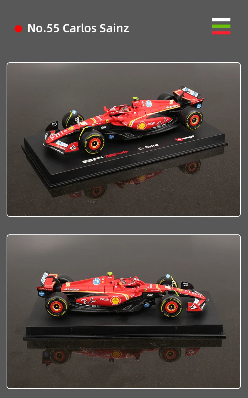 Bburago 1:43 Ferrari SF24 F1 Modelo de coche 2024 Temporada 16 #   Leclerc 55 #   Regalo de juguete de carreras de fórmula fundido a presión de vehículo de lujo de aleación Sainz