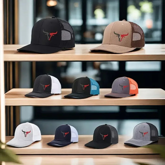 Gorra de béisbol con estampado de cabeza de toro: respaldo de malla ajustable, poliéster ligero para deportes y pesca al aire libre