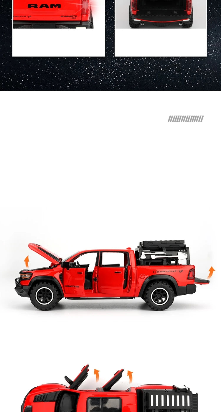 1/32 Dodge RAM MAMMOTH Pickup Toy Car Miniature Diecast Metal Off Road Vehicle Model Pull Back Sound Light Collection Gift Boy