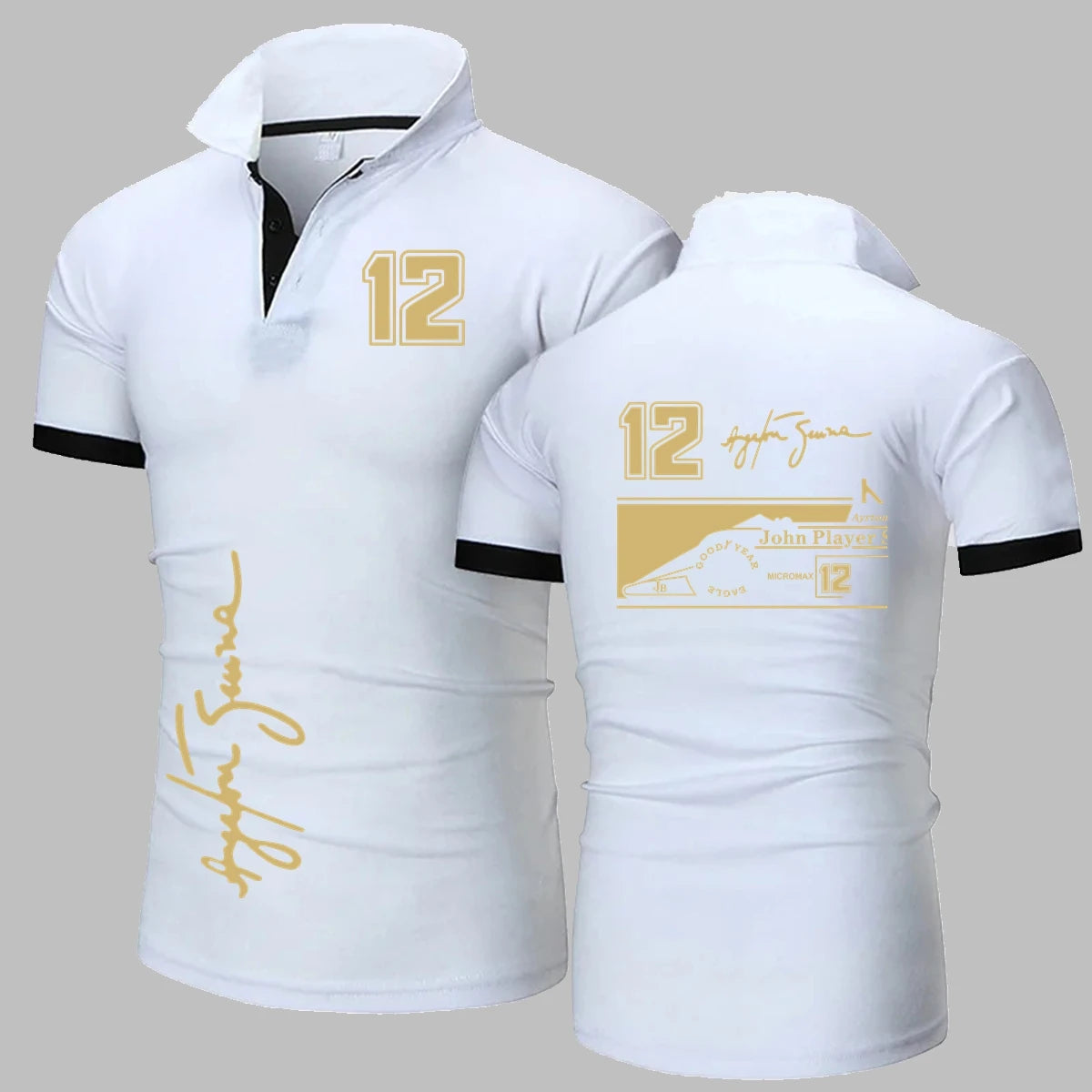 Ayrton Senna Jps Tribute Polo camisa 12 firma F1 coche hombres Polos camisa hombres manga corta Polos moda hombres Polo camiseta