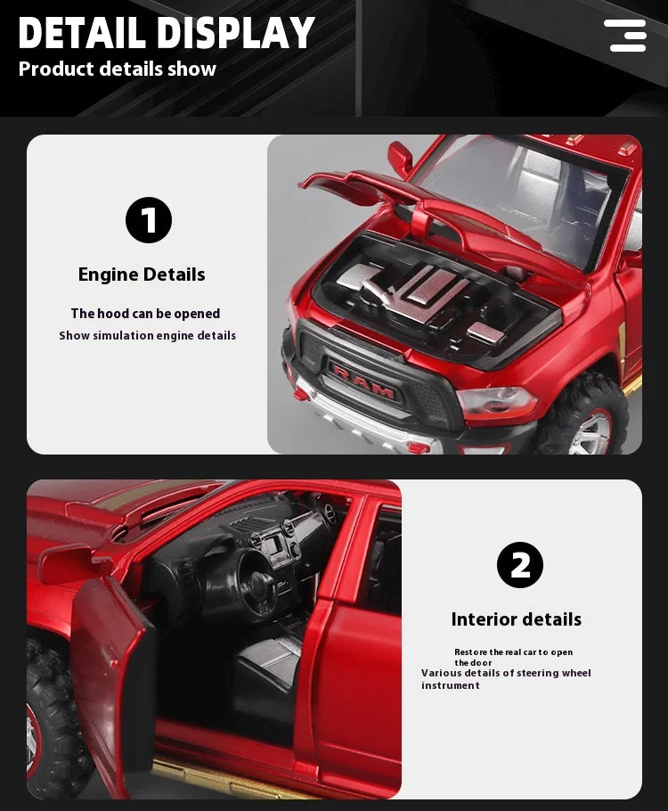 1:32 RAM Pickup Truck Alloy Model with Sound, Light & Spring-Back Action - Kids' Toy for Adventurous Play