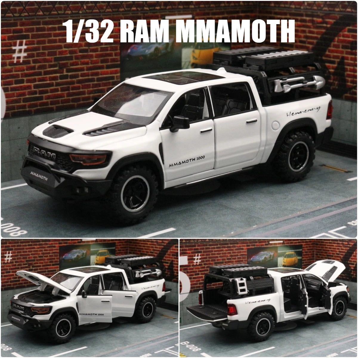 1/32 Dodge RAM MAMMOTH Pickup Toy Car Miniature Diecast Metal Off Road Vehicle Model Pull Back Sound Light Collection Gift Boy