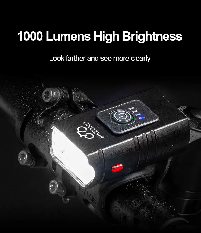 Luz de bicicleta T6 LED frontal USB recargable MTB lámpara de bicicleta de montaña 1000LM faro de bicicleta linterna ciclismo Scooter cola