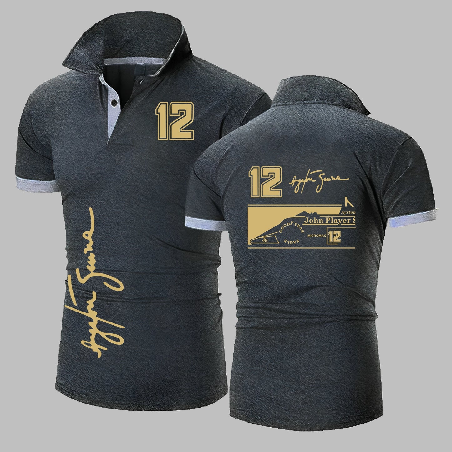 Ayrton Senna Jps Tribute Polo camisa 12 firma F1 coche hombres Polos camisa hombres manga corta Polos moda hombres Polo camiseta