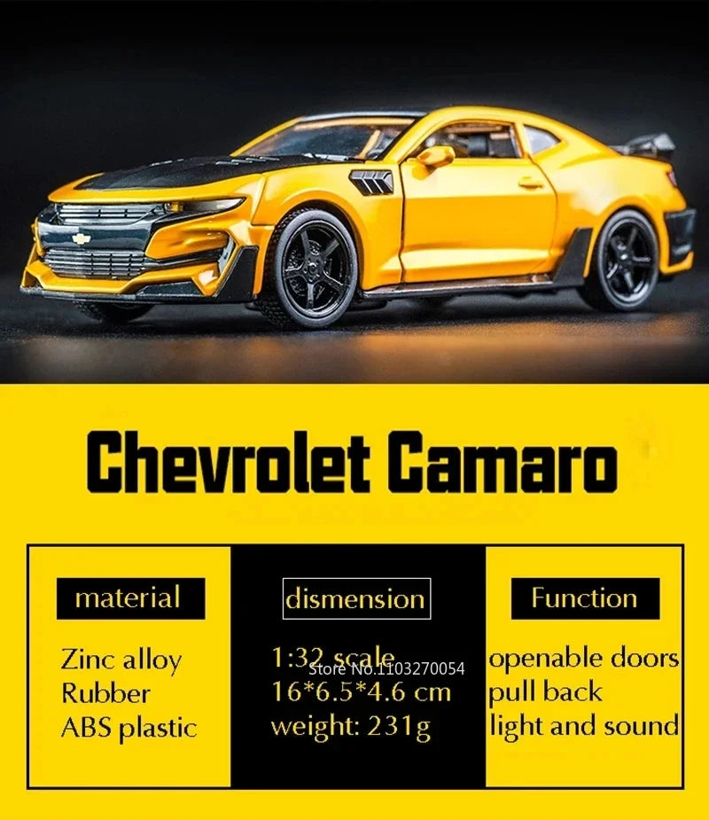 Escala 1/32 Camaro juguetes modelo de coche aleación de Metal fundido a presión con 4 puertas abierta sonido luz extraíble vehículo para niño colección de regalos