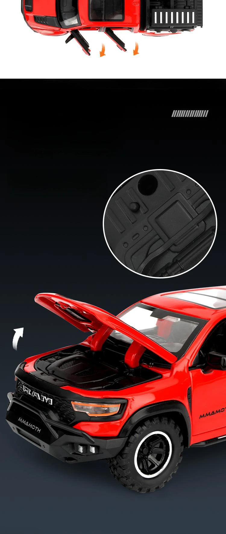 1/32 Dodge RAM MAMMOTH Pickup Toy Car Miniature Diecast Metal Off Road Vehicle Model Pull Back Sound Light Collection Gift Boy
