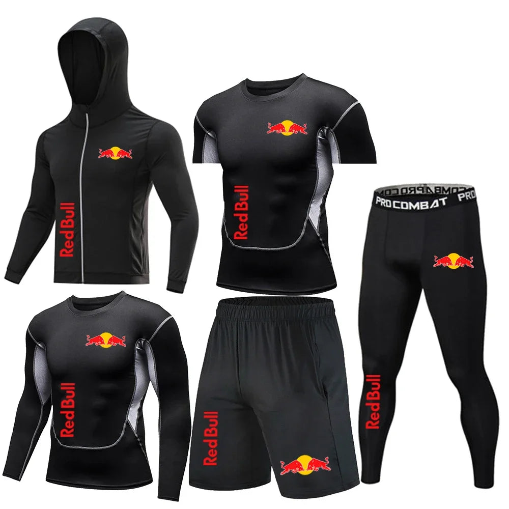 Ropa deportiva Red Bull, trajes de Fitness, conjunto de 5 piezas, ropa deportiva de compresión informal, ropa deportiva para correr, conjuntos deportivos