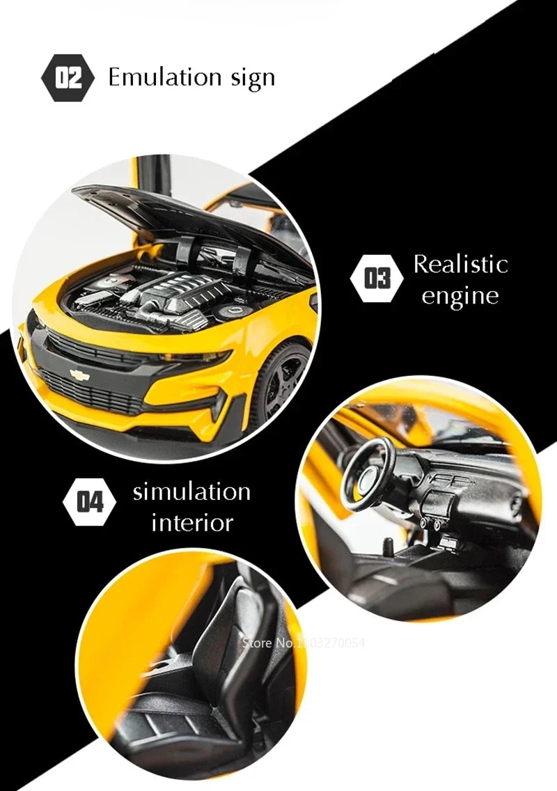 Escala 1/32 Camaro juguetes modelo de coche aleación de Metal fundido a presión con 4 puertas abierta sonido luz extraíble vehículo para niño colección de regalos