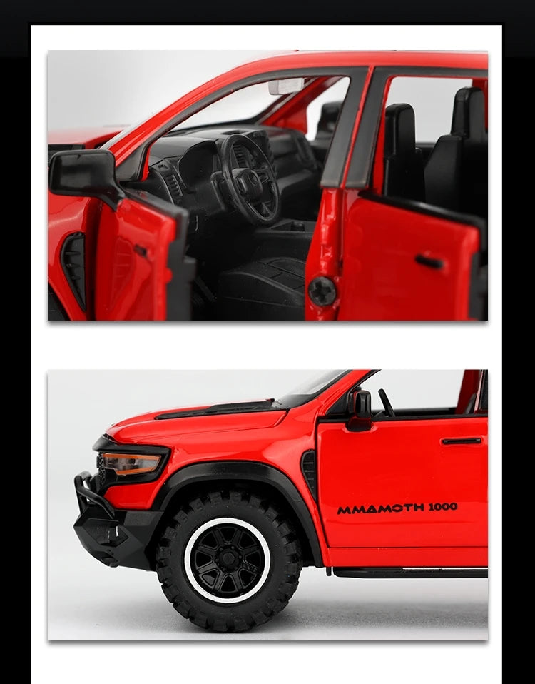 1/32 Dodge RAM MAMMOTH Pickup Toy Car Miniature Diecast Metal Off Road Vehicle Model Pull Back Sound Light Collection Gift Boy