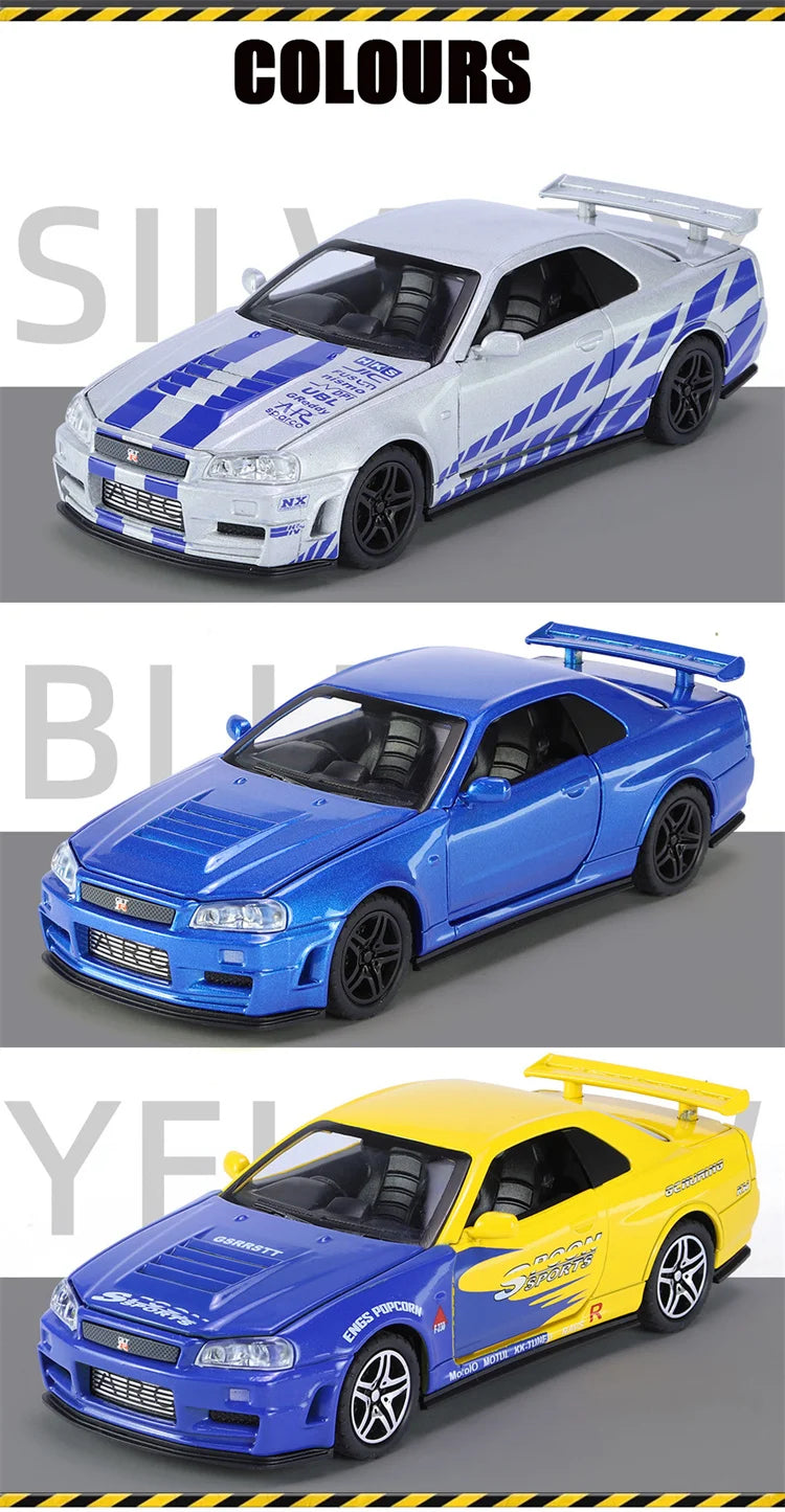1:32 GTR R34 SKYLINE Fast Alloy Simulation Car Model Diecasts & Toy Vehicles And Furious Cars Decoration Toys For Children Boy