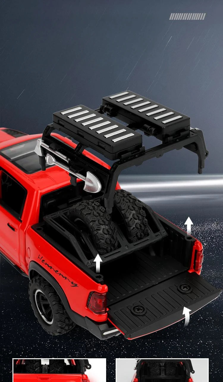 1/32 Dodge RAM MAMMOTH Pickup Toy Car Miniature Diecast Metal Off Road Vehicle Model Pull Back Sound Light Collection Gift Boy