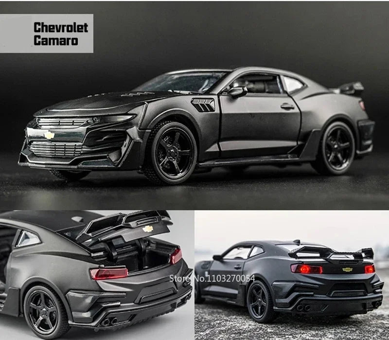 Escala 1/32 Camaro juguetes modelo de coche aleación de Metal fundido a presión con 4 puertas abierta sonido luz extraíble vehículo para niño colección de regalos