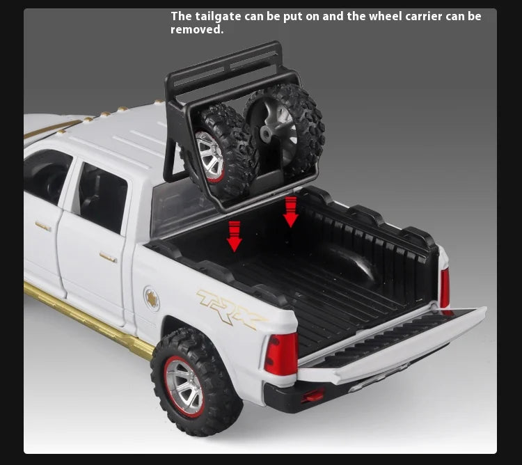 1:32 RAM Pickup Truck Alloy Model with Sound, Light & Spring-Back Action - Kids' Toy for Adventurous Play