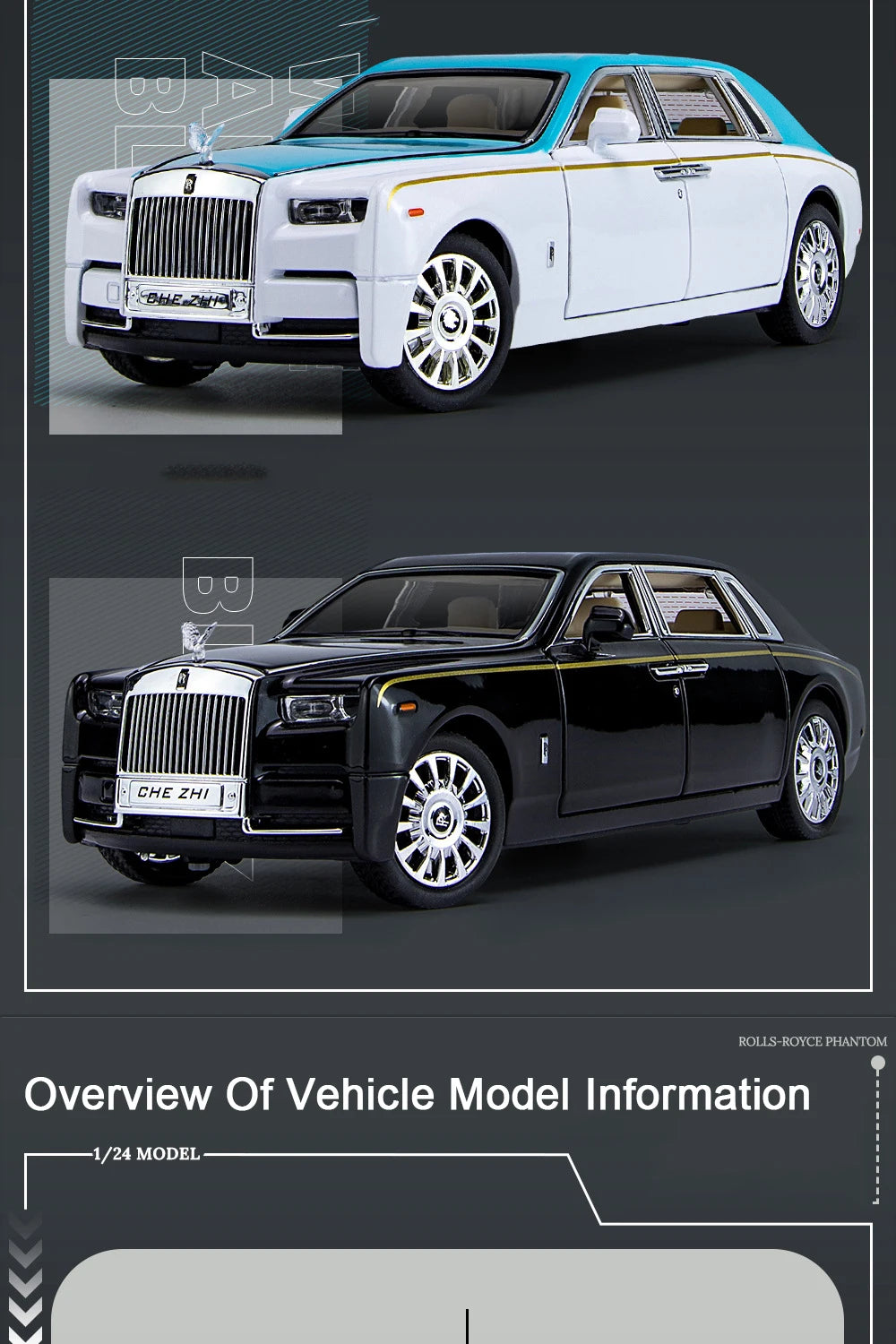 1/24 Rolls Royce Phantom Diecast Toy Cars Model Simulated Pull Back Limousine Zinc Alloy Metal Toy Car for Kids Gifts Collection