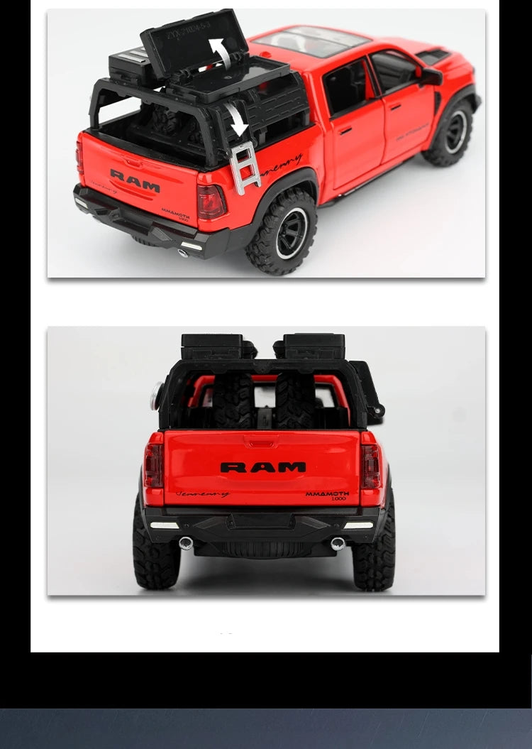 1/32 Dodge RAM MAMMOTH Pickup Toy Car Miniature Diecast Metal Off Road Vehicle Model Pull Back Sound Light Collection Gift Boy