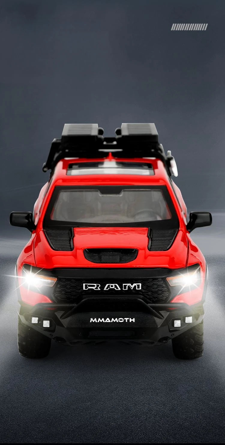 1/32 Dodge RAM MAMMOTH Pickup Toy Car Miniature Diecast Metal Off Road Vehicle Model Pull Back Sound Light Collection Gift Boy