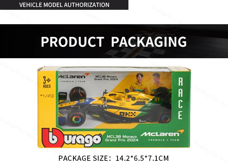 Bburago 1:43 2024 Mclaren MCL38 Miami Monaco F1 Formula Car Die Cast Vehicles Collectible Model Racing Toys