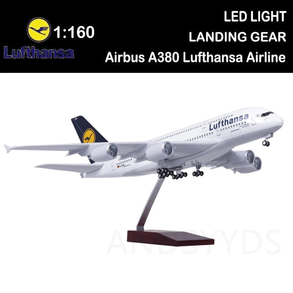 Modelo de avión de 46CM, escala 1/160, 380 A380, Lufthansa, modelo de línea aérea con luz y rueda, avión de resina de plástico fundido a presión, juguete para coleccionar
