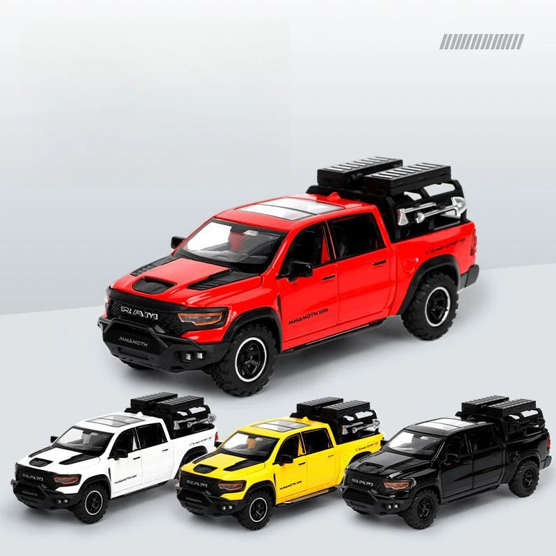 1/32 Dodge RAM MAMMOTH Pickup Toy Car Miniature Diecast Metal Off Road Vehicle Model Pull Back Sound Light Collection Gift Boy