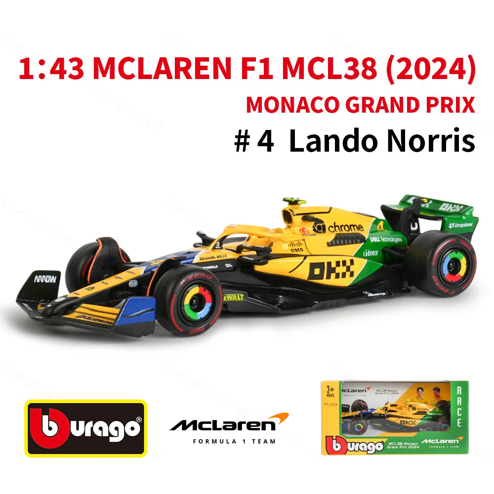 Bburago 1:43 2024 Mclaren MCL38 Miami Monaco F1 Formula Car Die Cast Vehicles Collectible Model Racing Toys
